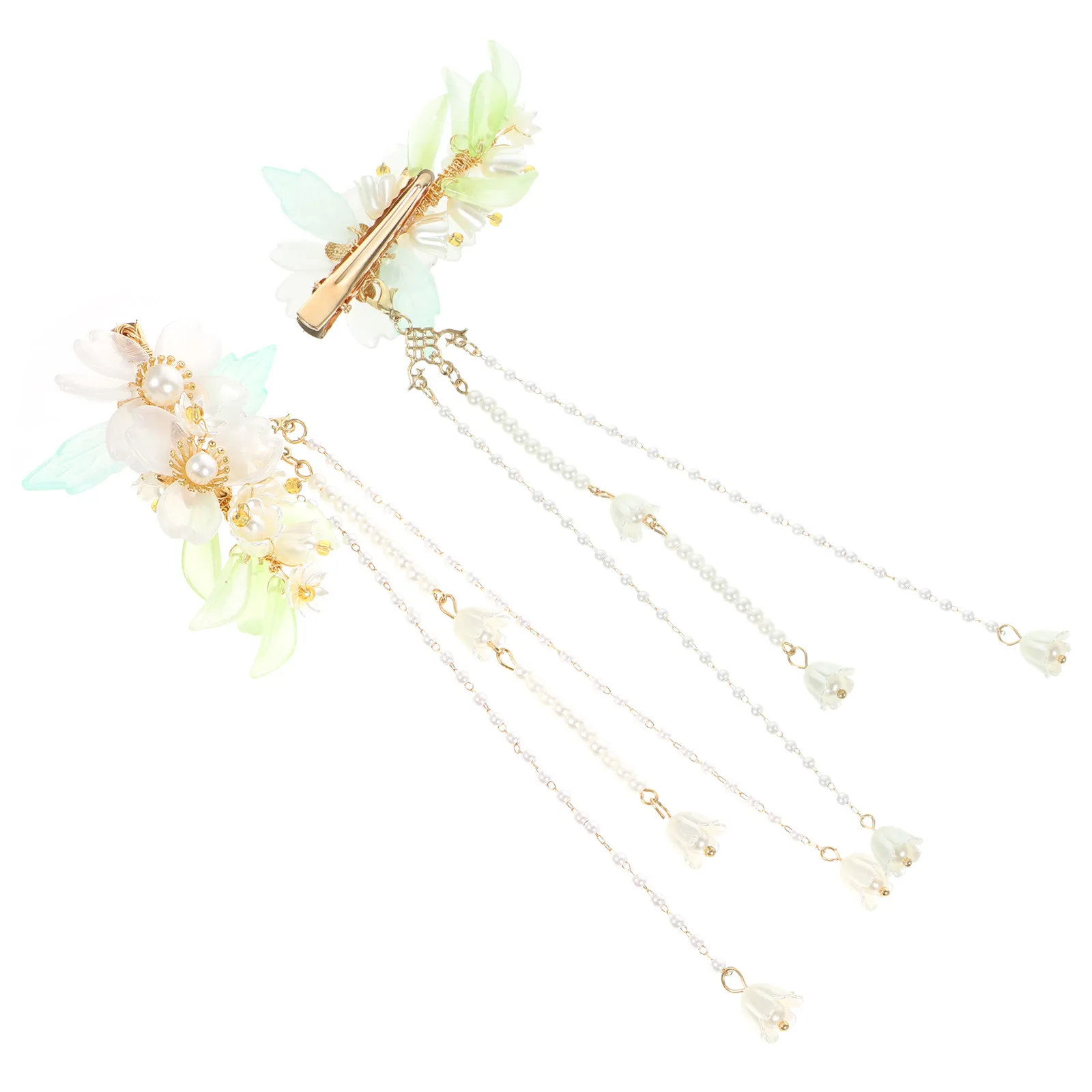 2Pcs Lily of The Valley Flower Hair Clips Chinese Style Elegant Pearl Tassel Decorative Hair Accessories for Women Hanfu