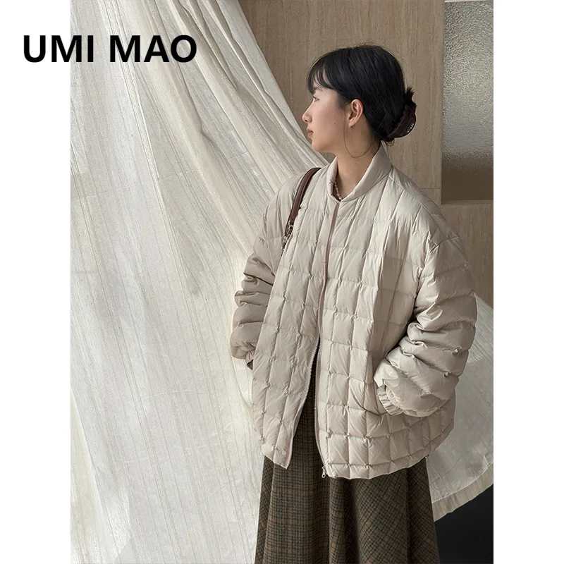 UMI MAO Lantern Sleeves Korean Style Design Grid 90 White Duck Down Jacket  Women  Winter Loose Collar High-end Zipper Coat