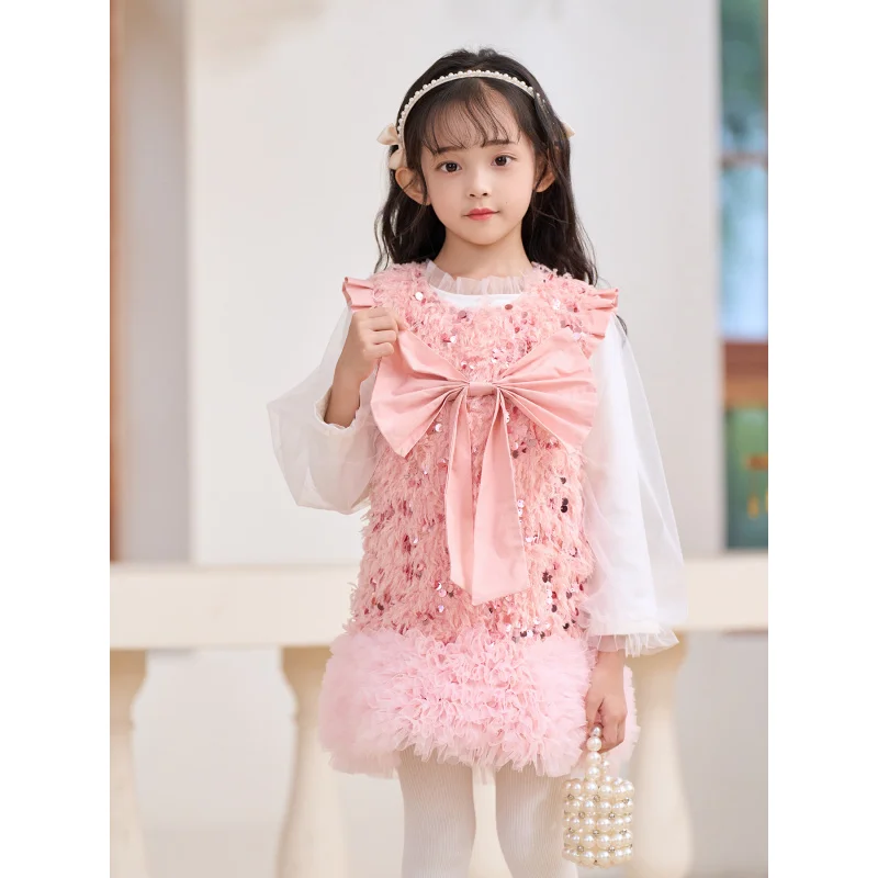 

2025Spring and Autumn Girls' Sequin Tassel Vest Dress Girls' Light Luxury Princess Dress Birthday Dress New Year Dress