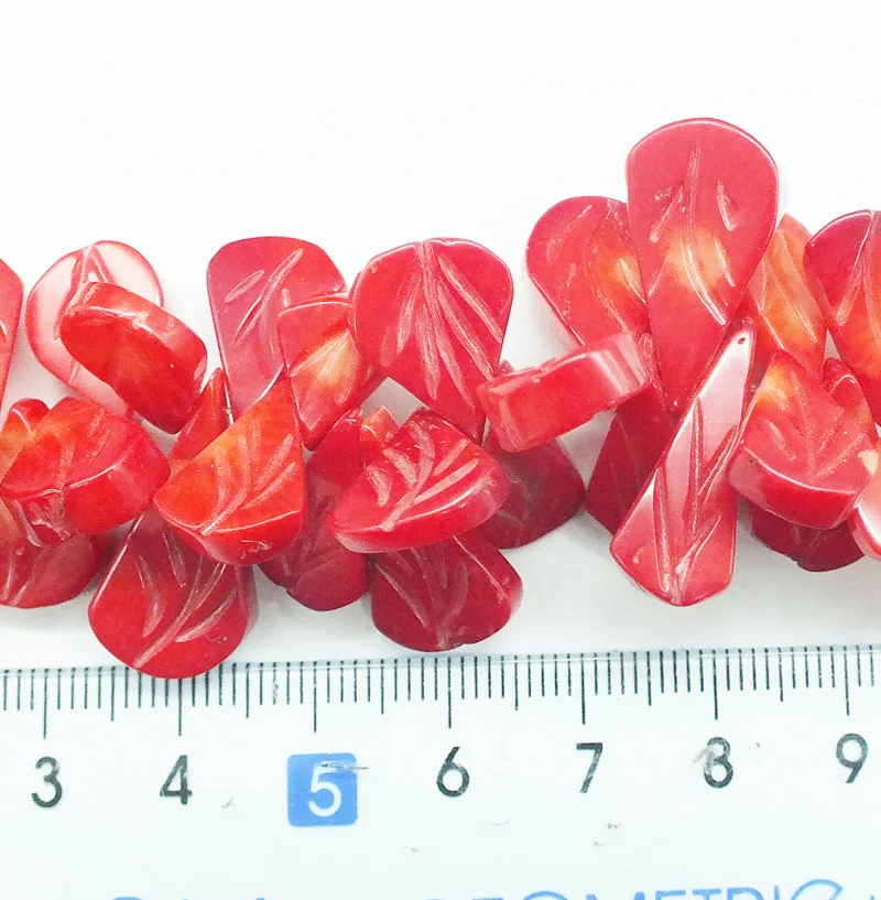 new   Handmade carved red coral leaves  loose beads 15