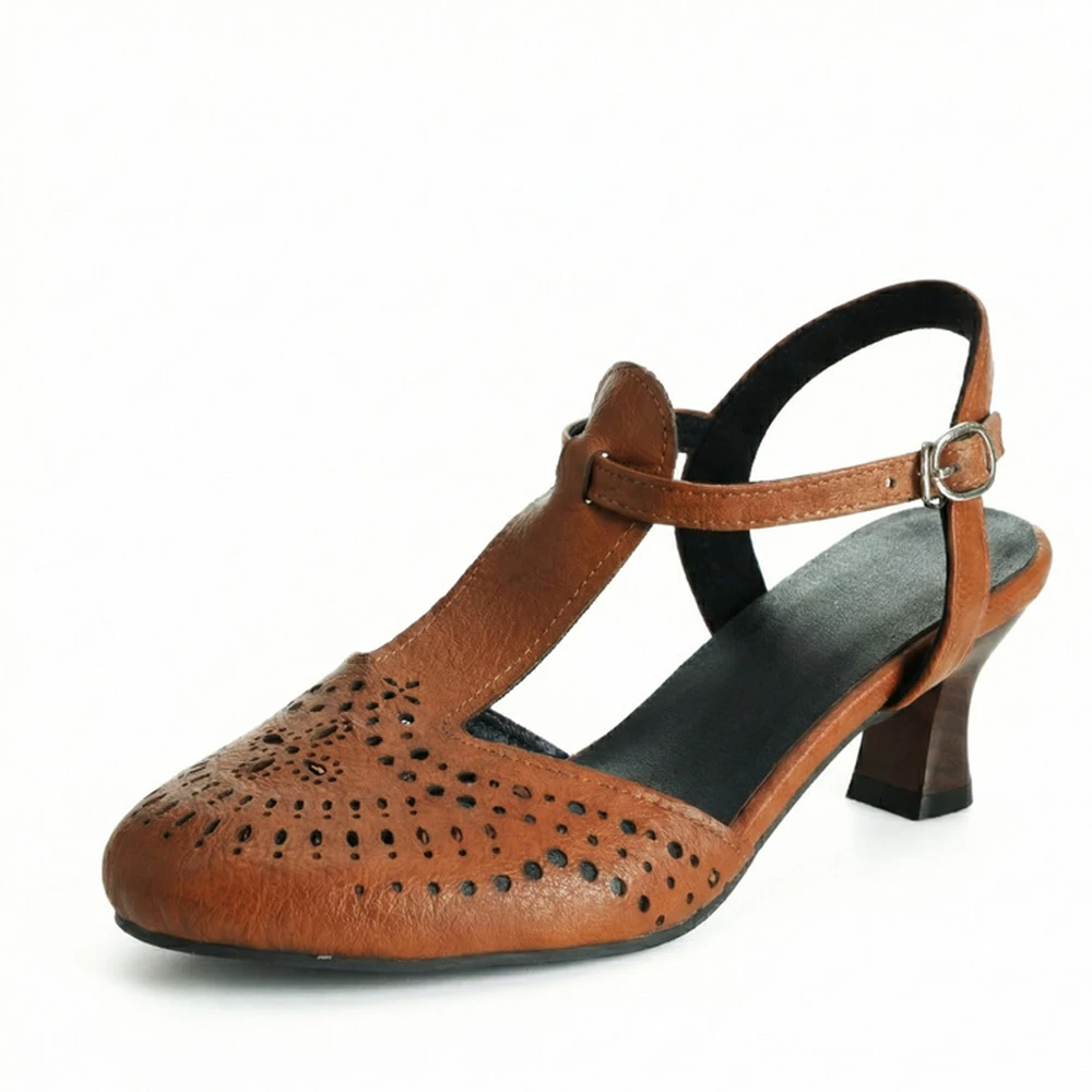 2026 New Hollow-out with T-shaped Buckle Retro Women Sandals Fashion Round Toe Kitten Heel Party Dress Big Size 49 50 38-29