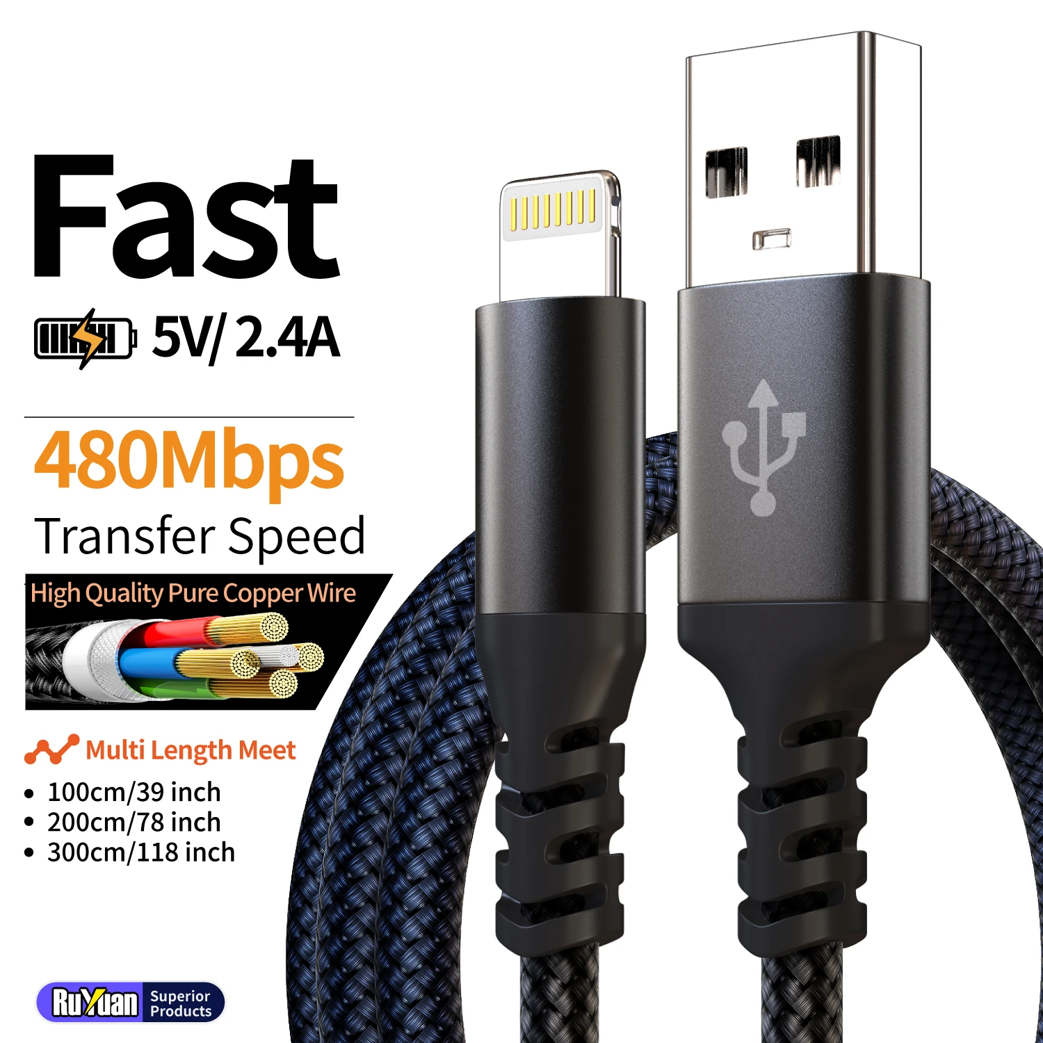 [Certificado MFi] Cable de Carga Rápida USB A a Lightning de 10 Pies (3 m) para iPhone 14-8, iPad y AirPods