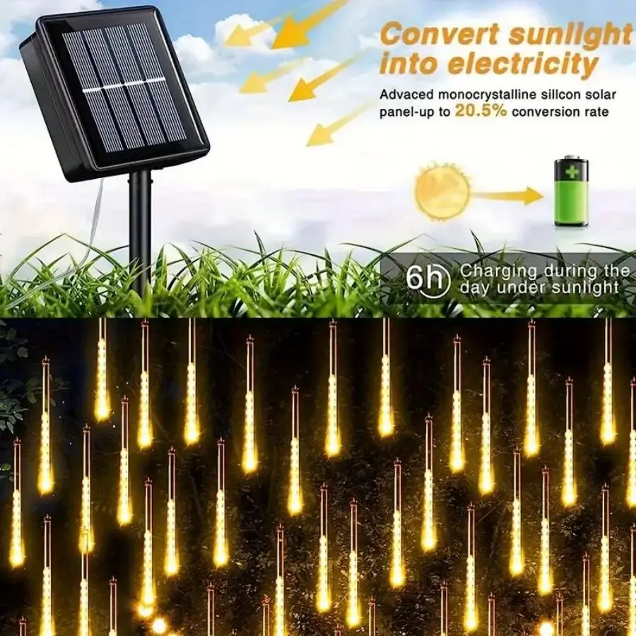 1pc Solar 30cm Meteor Rain String Lights Meteor Shower 8 Tubes 192LEDs,Waterproof Falling Raindrop Fairy Lights