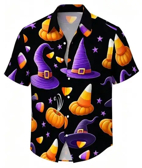 Men Halloween Witch Hat Short Sleeve Shirt Pumpkin Candy Corn Star Print Turn‑Down Collar Party Shirts
