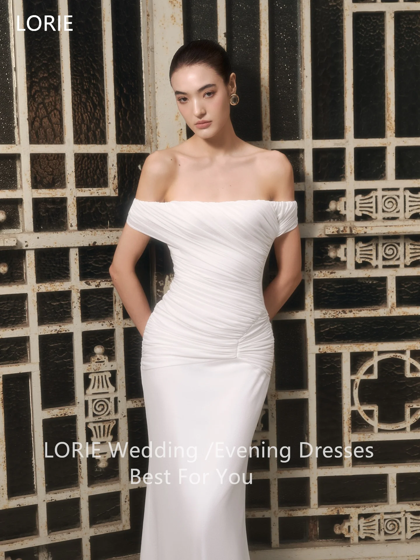 LORIE Elegant White Satin Party Dresses Off The Shoulder Sleeveless Evening Prom Dress Pleats Mermaid Prom Gown Customized