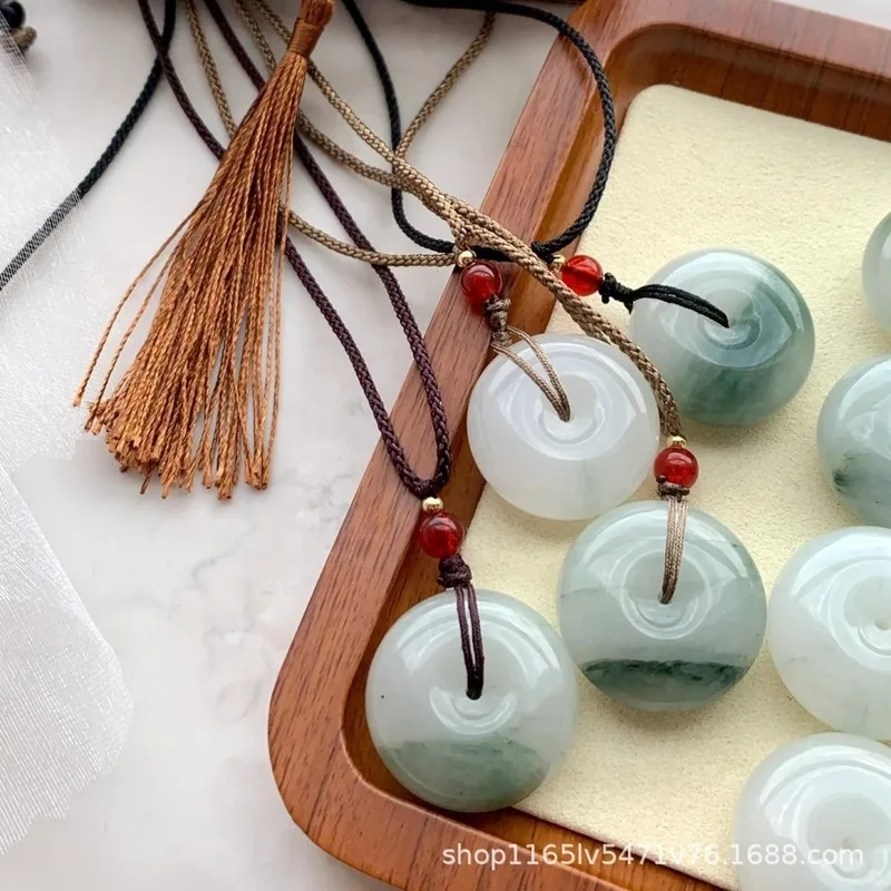 Natural Xinjiang Tianshan Jade Peace Pendant, Golden Silk Jade with Green Flower Pattern, Jade Peace Ring Hanging Ornament