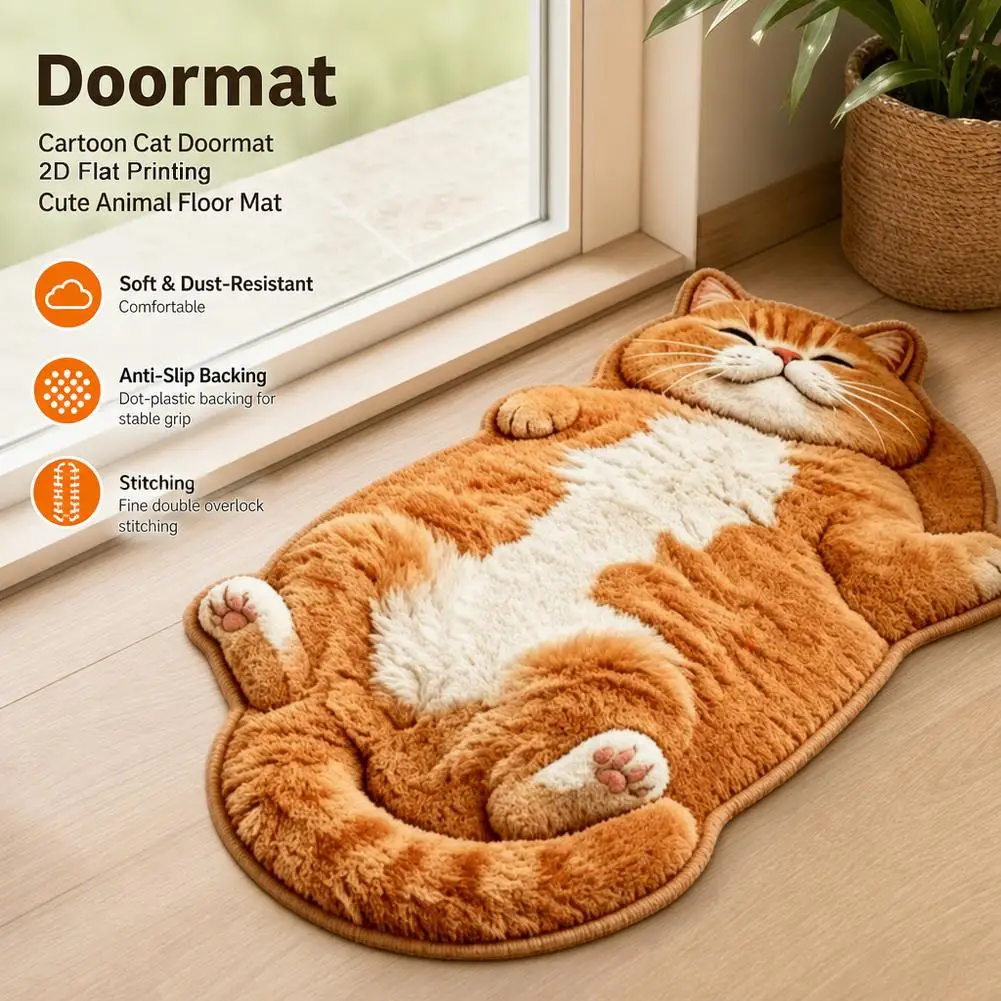 Cute Cat Animal Floor Mat Non-slip Crystal Velvet Bath Rug Water Absorbent Entry Doormat for Bedroom Living Room Decor
