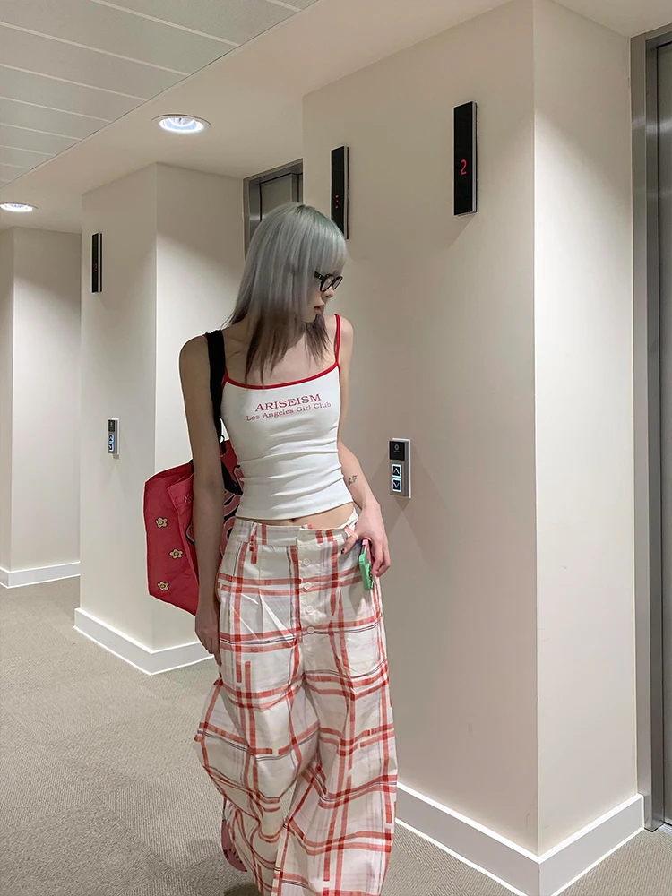 Plones Casus Retro a Cuadros Rojos para Mujer, Verano 2025, Nuevo Diseño, Estilo Hoado, Pierna Ancha Recta, Largos h...