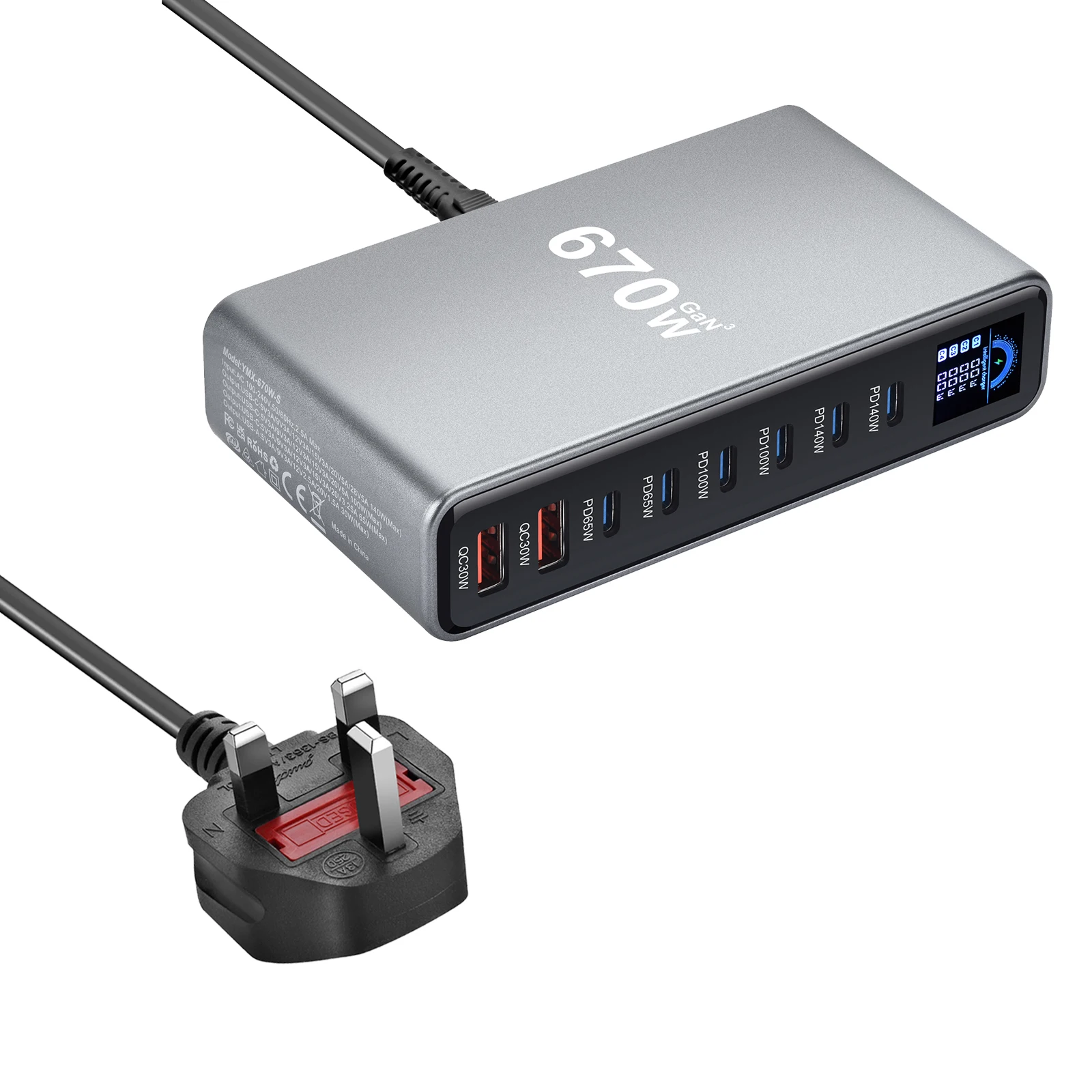 Neues 670W GaN-Ladegerät mit Display, Desktop-Schnellladestation, 140W USB-C-Anschluss, 8-Port-Ladegerät, geeignet für Handys, Tablets. – Detail 11