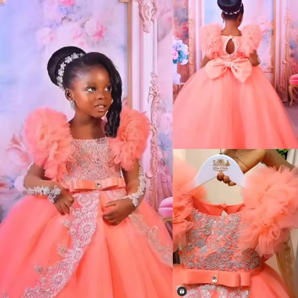 

Pink Flower Girl Dresses for Wedding Ruffles Lace Appliques Girl Birthday Gown for Photoshoot First Communion Gowns Customized