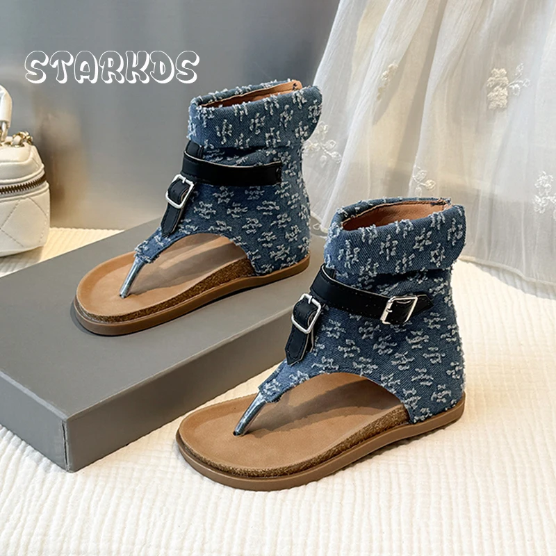 

Summer Denim Blue Shoes Kids Girls Chic Embroider Canvas Gladiator Sandals Child Brand Design Buckle Strap Birken Flip Flops