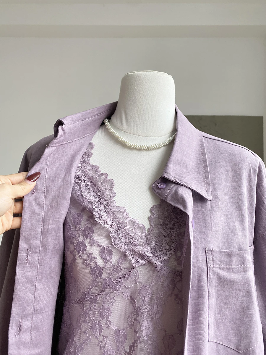 2025 Spring New Korean Version Temperament Long-sleeved Shirt Jacket + Sexy Purple Lace Inner Two-piece Sets Women Outfits
