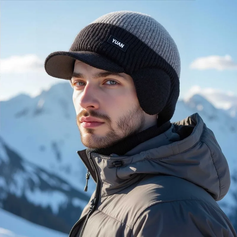 Mens Winter Protective Knit Beanie Hat Thick Fleece Lined Windproof Warm for Cycling Outdoor Activities