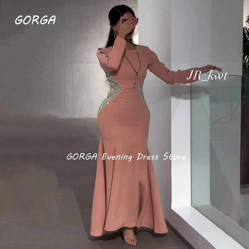 GORGA Brick-Red Beading Long Mermaid 2024 High Quality Slim Crepe Ocassion Gown Floor-Length Evening Dress فستان سهرة نسائي