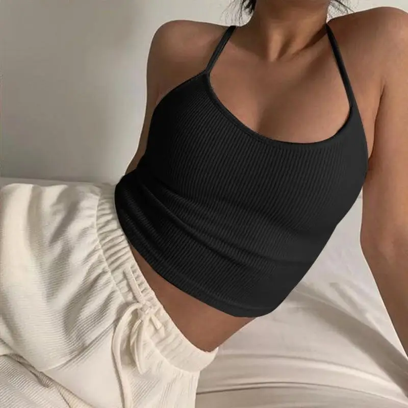 94% Cotton Summer Tank Tops Women Knitted Sexy Sleevless Back Cross Black White Crop Tops Streetwear Slimming Sports Vest