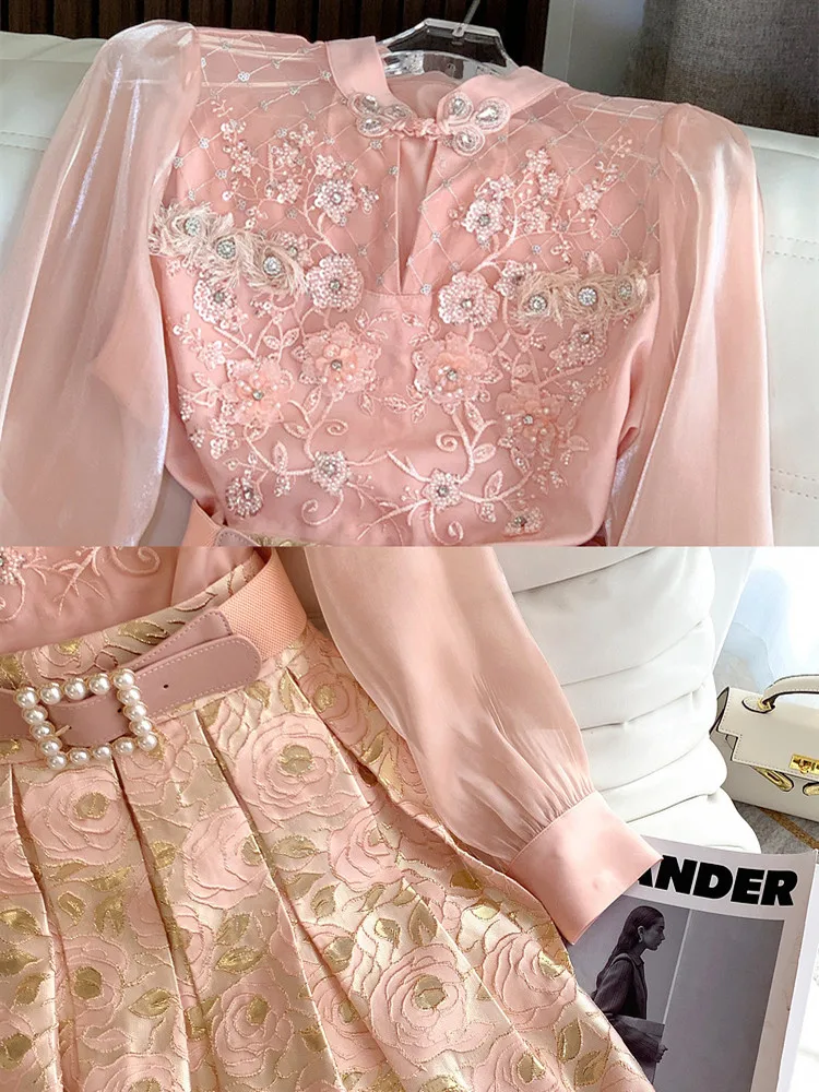 Elegant Pearls Beading Pink Blouse Shirt + Belt Floral Jacquard Midi Skirt Suits OL Embroidery Flower 2 Piece Set Women Outfits