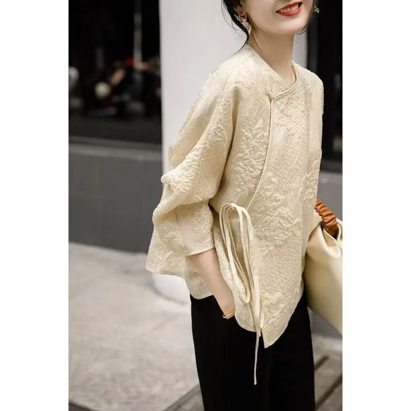 2024 Chinese Style Improved Women Cheongsam Blouse Diagonal Placket Chinese Top Gold Thread Long Sleeves Coat Autumn Blouse