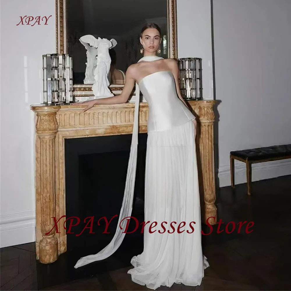 

XPAY Strapless 2pcs A Line Wedding Dresses With Scalf Satin Top Tulle Plain Floor Length Bridal Gowns Vestido de noiva Customize