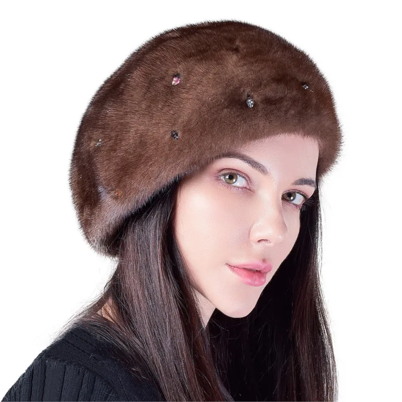 Ladies' new warm whole fur hat soft ear-protecting beret beaded elegant