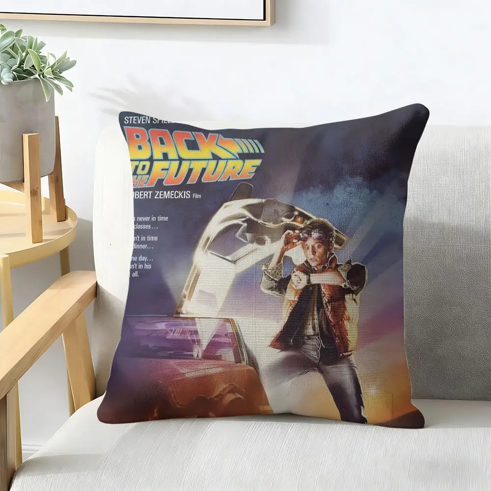 B-Back To The Future Movie Cushion Cover Natural Linen Organic Fabric Double-Sided Printing Breathable For Decor