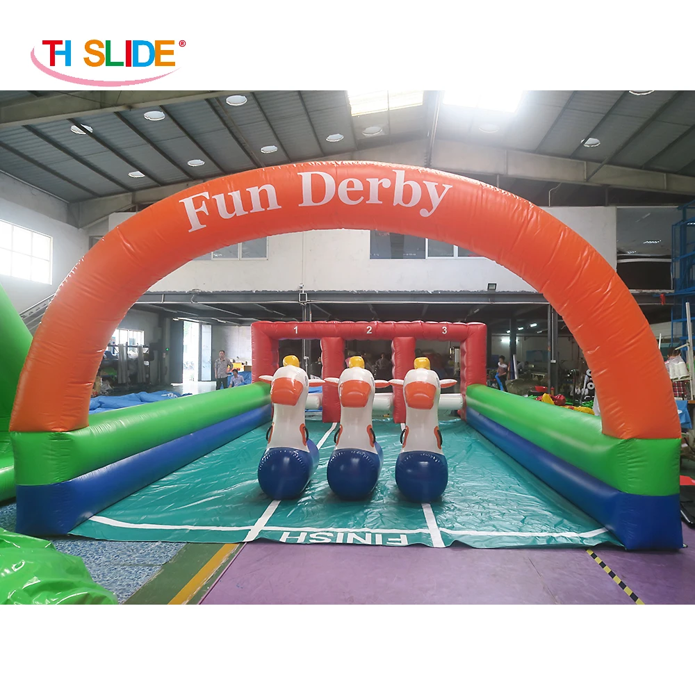 Divertido caballo Derby inflable, juego deportivo de carreras, 3 carriles