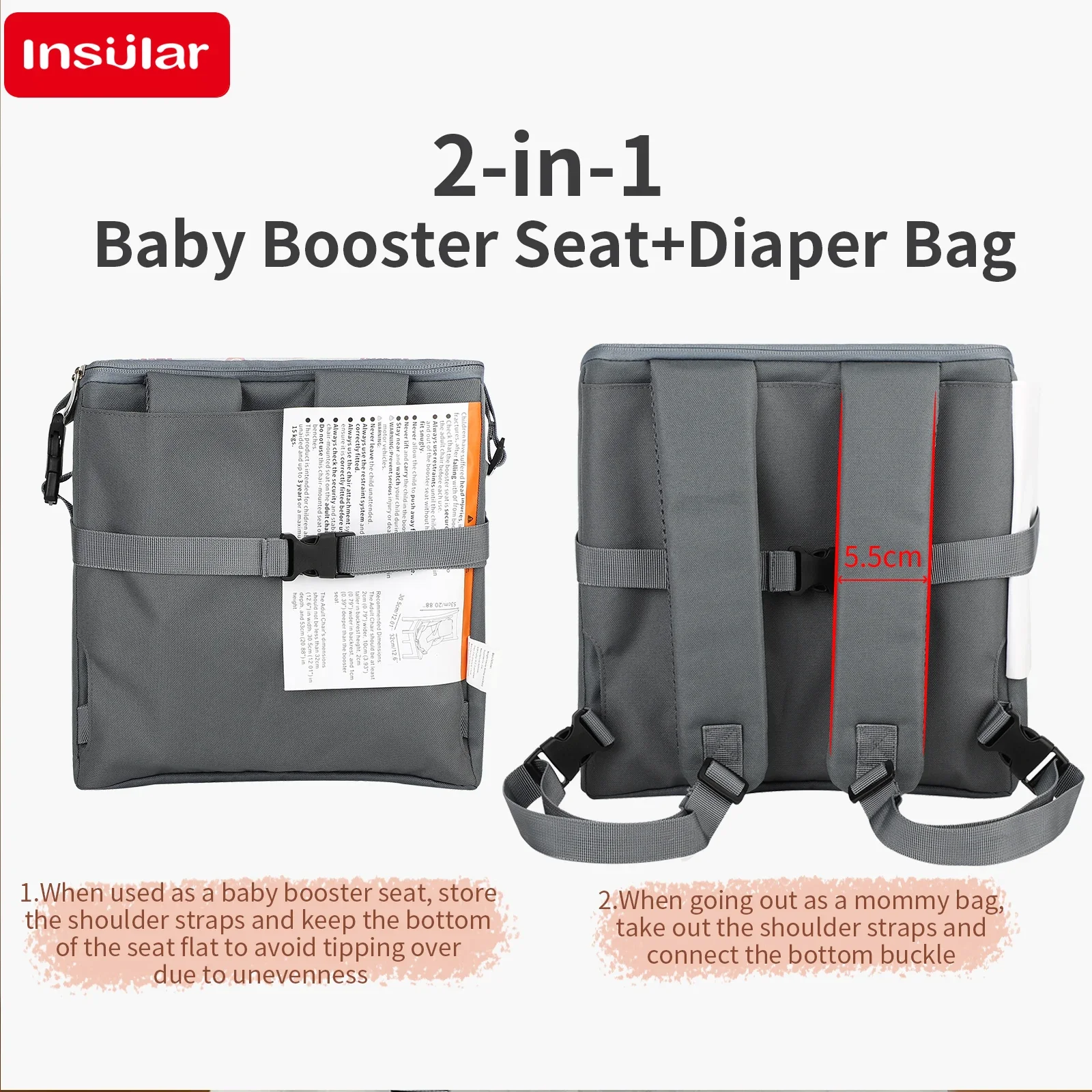 Insular 2-IN-1 Suits Baby Booster Seat + Diaper Bags Portable Anti-slip Dining Chair Seat Cushion Convenient Multi-functional