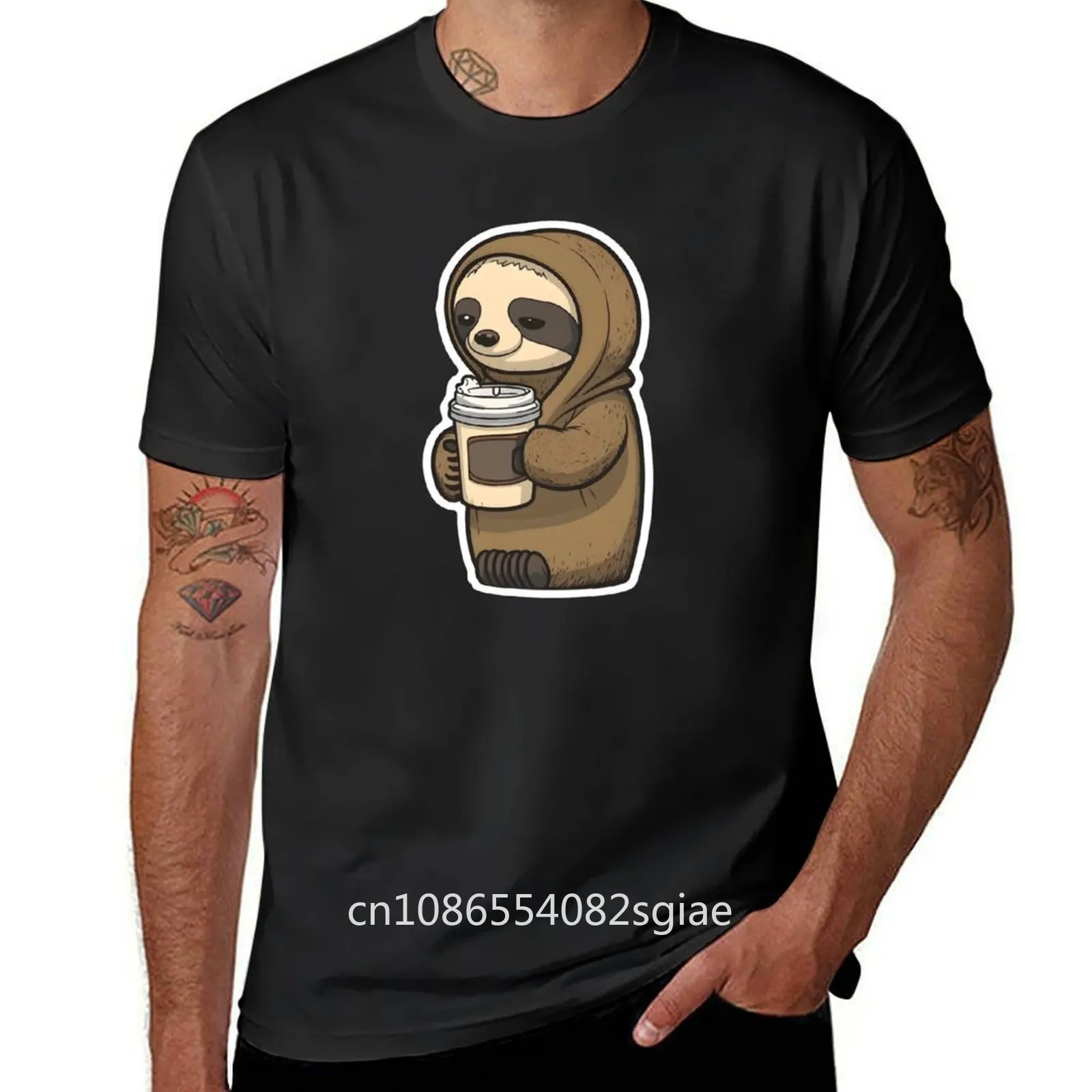 Cute Lazy Sloth Drinking Coffee T-Shirt summer clothes Aesthetic clothing plain sweat shirts, men