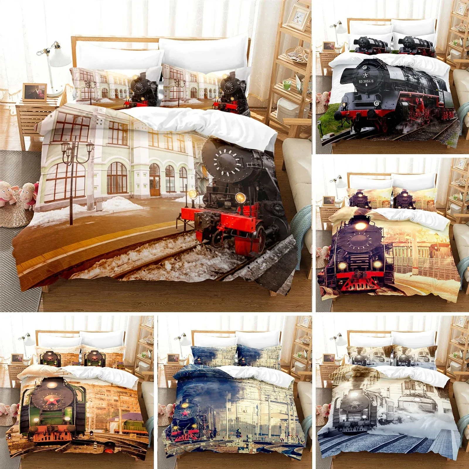 Train Duvet Cover Full Size Boys Steam Engine Bedding Set Microfiber 3D Rail Vehicles Comforter Cover For Kids Teens Room Decor