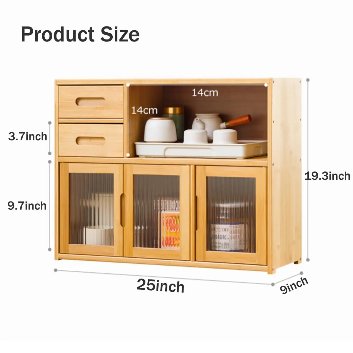 Gdrasuya10 Bamboo Countertop Shelf Storage Cabinet Kitchen Pantry, Medium Kitchen Pantry Sideboard with 2 Drawers Freestanding K