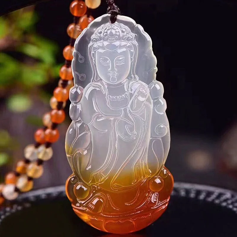 

Natural Agate Beautiful Color Ice Color Chalcedony Guanyin Pendant Men's Safe and Versatile Sweater Chain Pendant