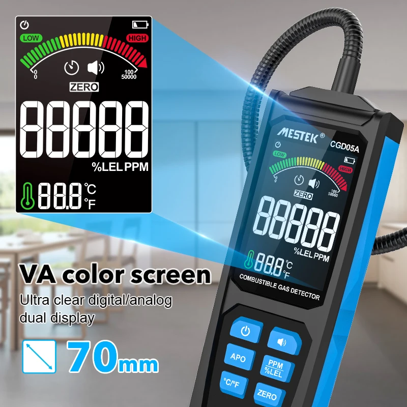 Handheld Gás Leak Detector Carregamento Ppm Lel va Tela Colorida Gás Analyzer Medidor de Glp Alarme Triplo Natural Cgd05a