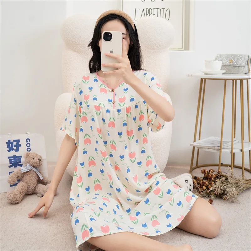 Cotton Rayon Sleep Dress Nightdress For Women Spring Summer Short Sleeve Printed Home Clothing New Large Size Ladies Nightgowns