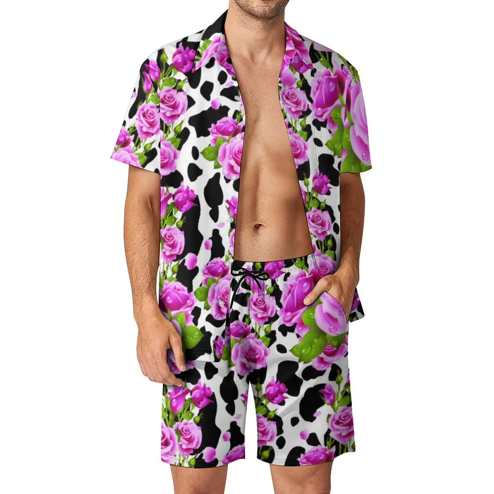 Fashion Black White Cow 3D Print Men Shirt Sets Short Sleeve Shirt Oversized Beach Shorts Streetwear Hawaiian Suits Clothes