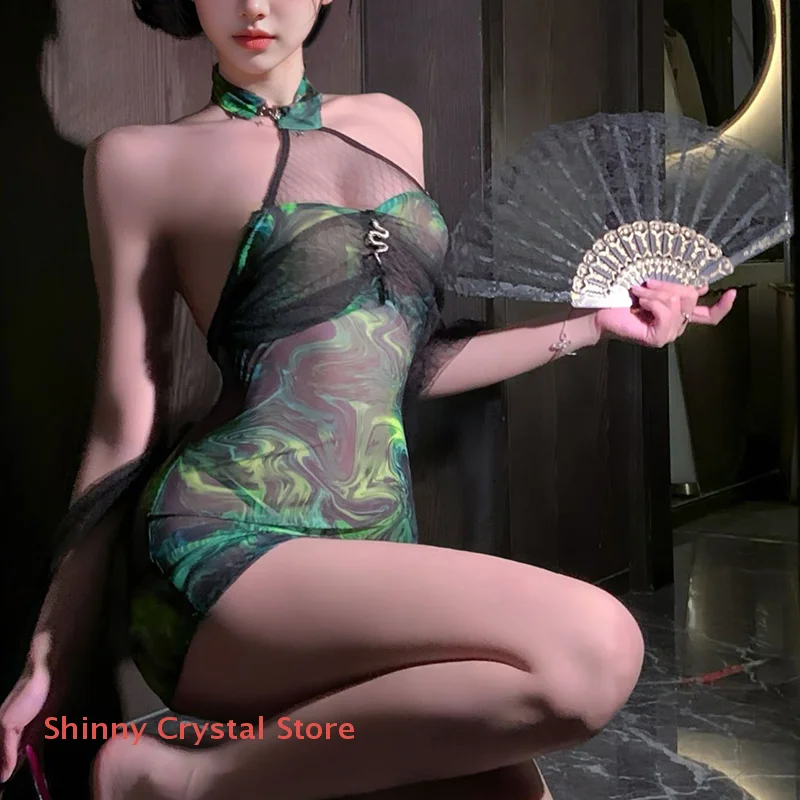 

New Sexy Lingerie Sleeveless Retro Mesh Halter Nightdress See-through Pure Desire Women Pajamas