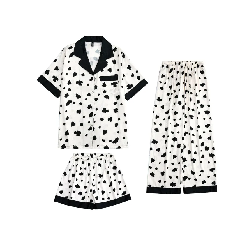 Comfortable Cool Three Piece Ice Silk Pajamas Women\'s Short Sleeve Set Filled With Print Cow Spot High Quality Thin Pyjamas Sets