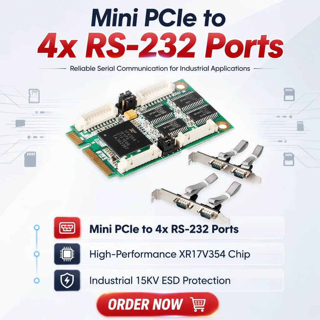 Mini PCIe RS232 4-Port Serial Card EXAR XR17V354 Chipset 15KV ESD DB9 COM Expansion Module for Industrial IPC POS Win Linux