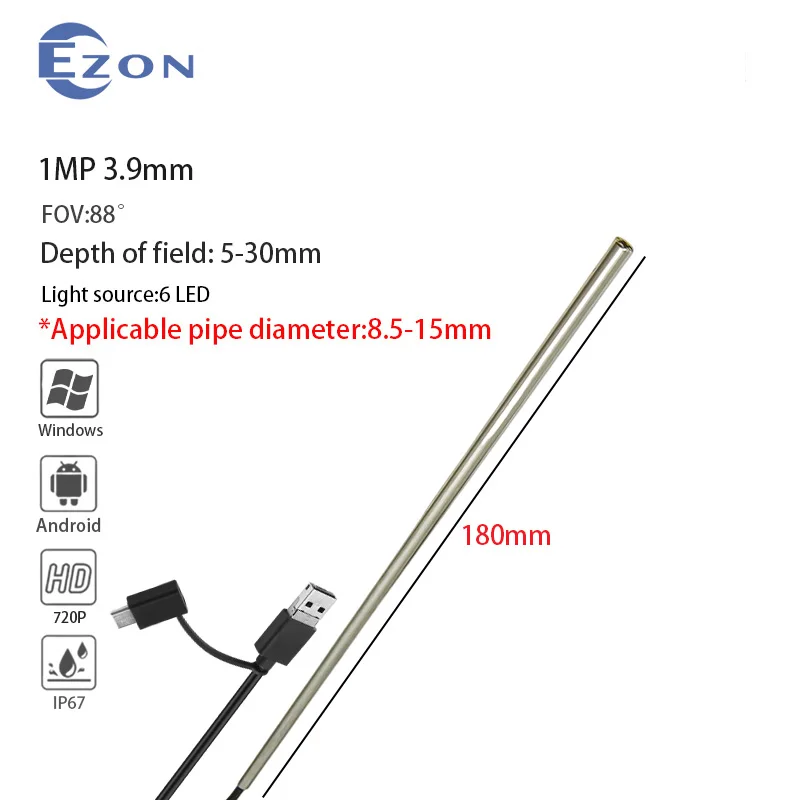 3-in-1 3.9MM industrial Endoscope Camera IP67 Waterproof 6 LEDs Adjustable Android  Inspection Borescope Camera for Phone PC