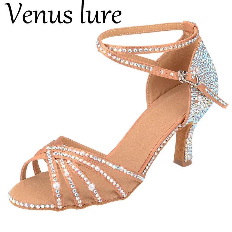 

Venus Lure Brown Woman Latin Dance Shoes Crystal Satin Salsa Dancing Sandals for Ladies 7.5CM