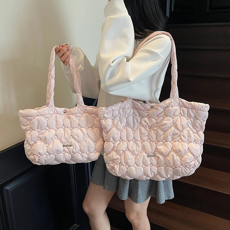 

Autumn and Winter Women's Tote Bag Soft Cotton-padded Shoulder Bag Large Puffy Padding Pleated Handbag Travel Shopping Work Bags