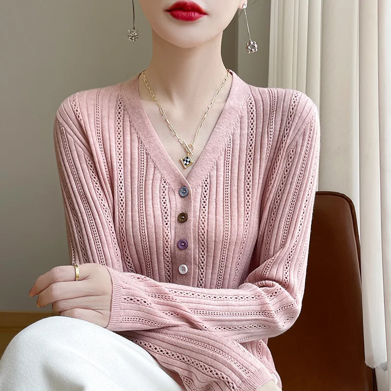 Woman's Wool Cardigan Boutique Thin And Light Solid Color Soft Knit Cardigan Sweater  V-Neck Cozy Casual Versatile Women Sweater