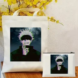 2pcs Japanese Manga Women's Tote Cosmetic Bag Fashion Jujutsu Kaisen Gojo Satoru Shoulder Bag Eco Large Capacity Shopping Bag