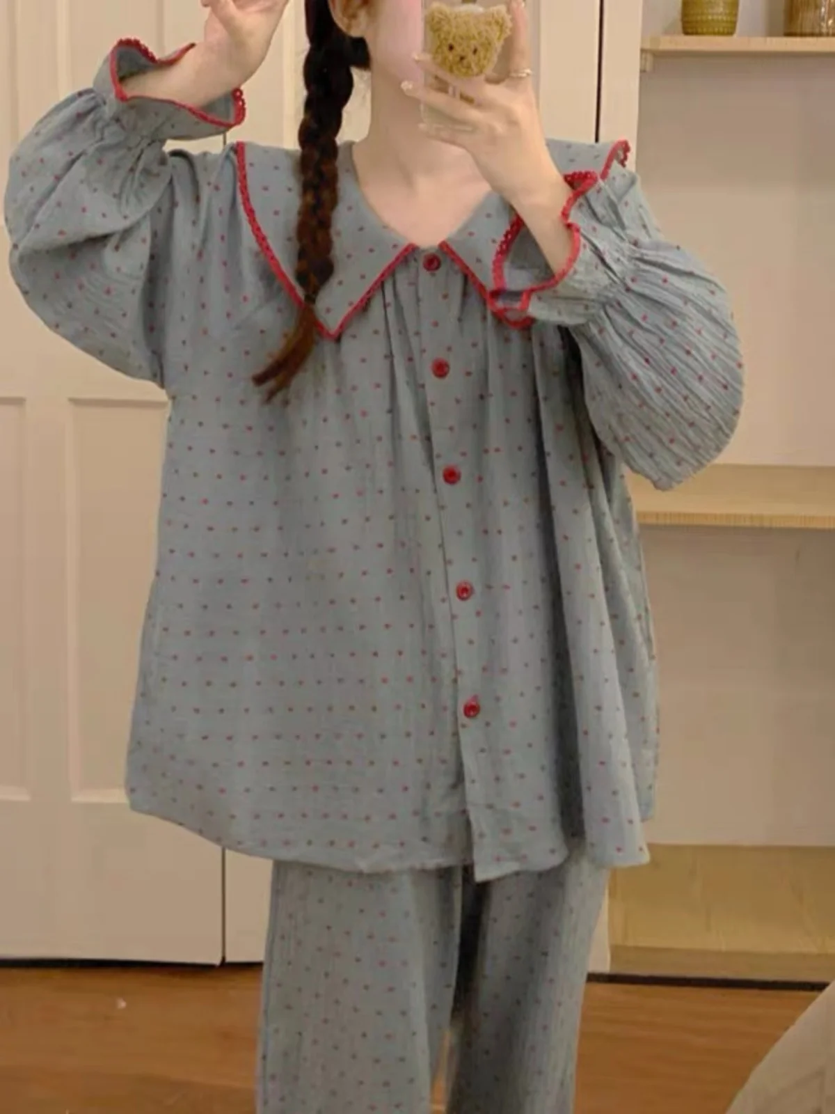 

Sweet Polka Dot Cloud Cotton Long Sleeve Sleepwear Set for Girls Spring Autumn Comfortable Home Clothes Outerwear Option