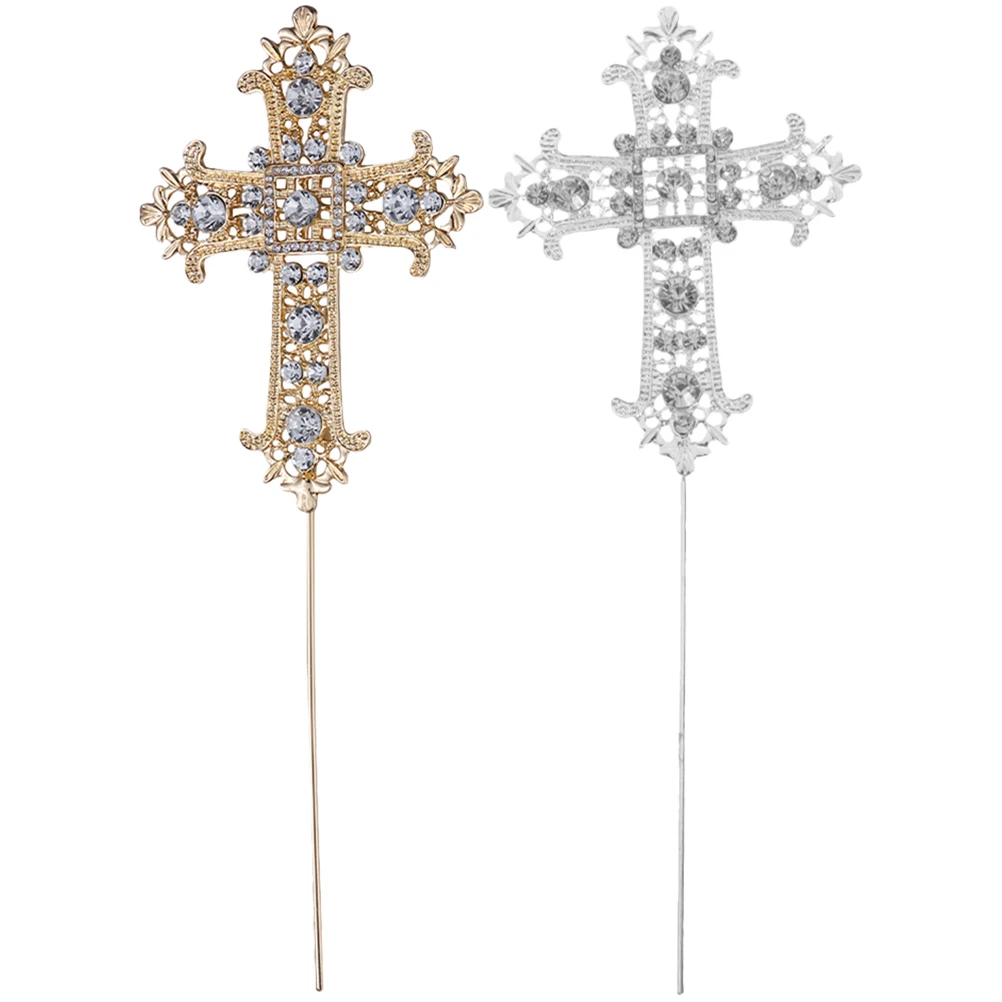 

2 Pcs Rhinestone Cross Decoration Cake Topper Birthday Pearl Cupcake Toppers Decorations