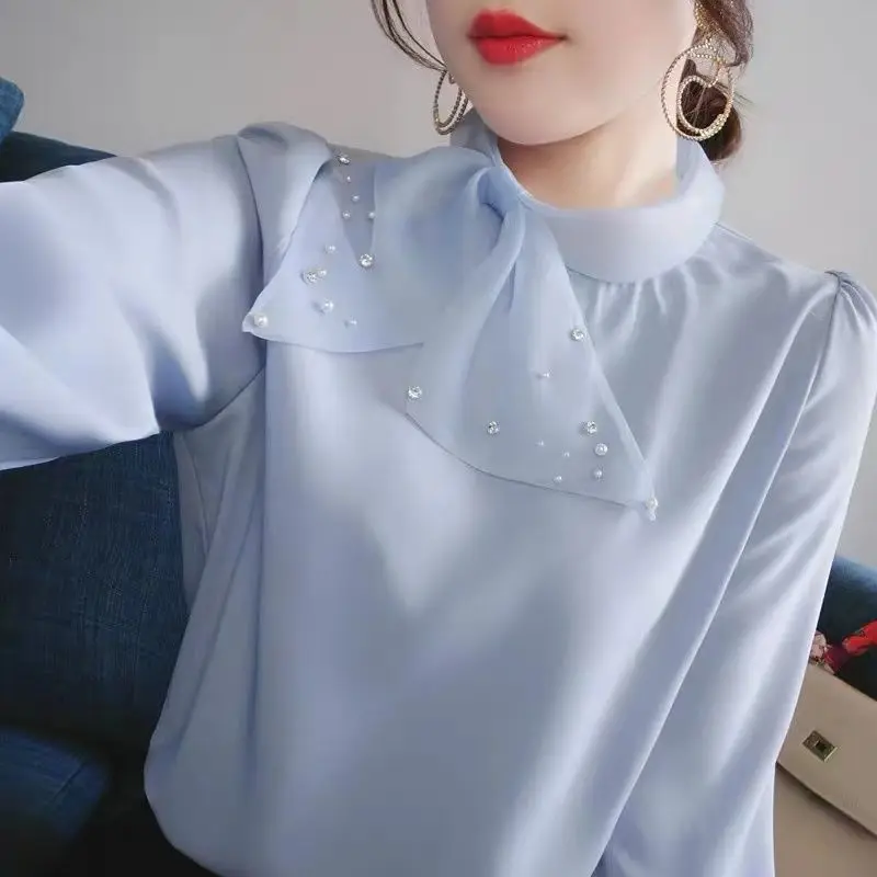 Temperament Elegant Long Sleeved Organza Bow Collar Chiffon Shirt for Women 2024 Spring Autumn New Unique Stylish Female Top