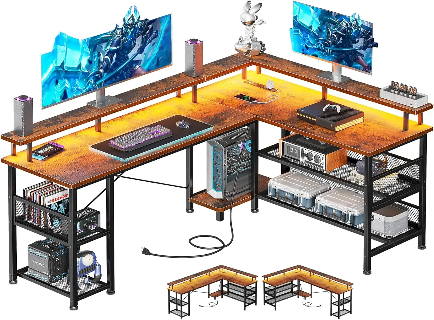 PC Gaming Table with USB Ports, Reversible L Shape Desk with Storage Shelves & Monitor Stand, Home Office Desk, Vintage