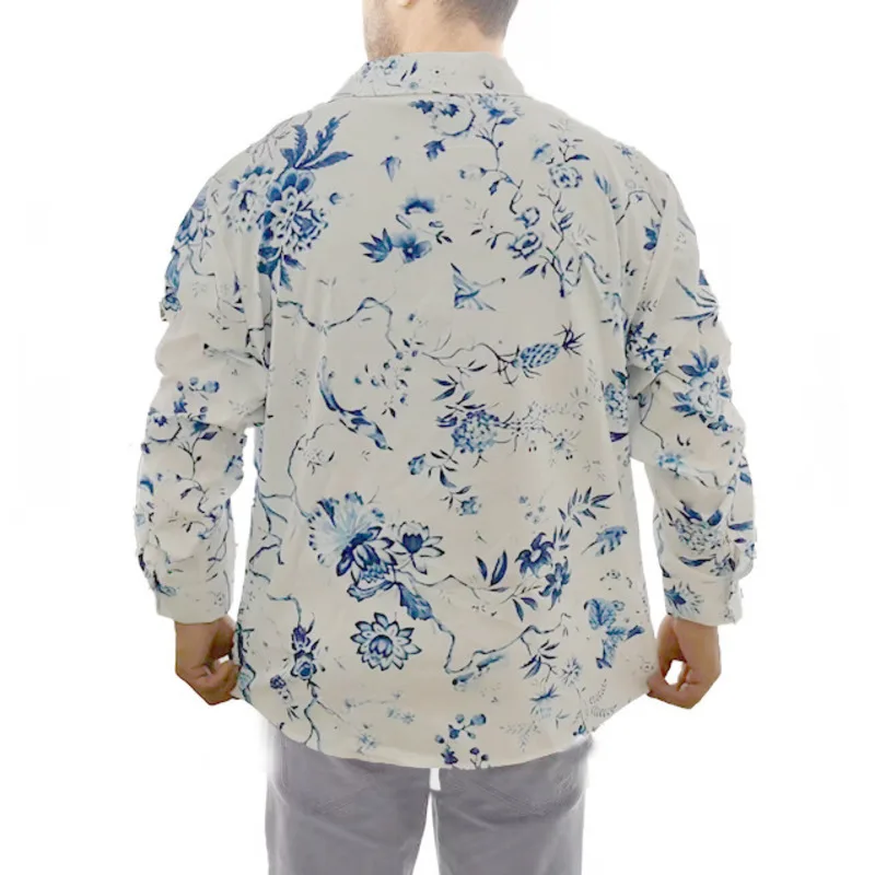 2025 Spring and Autumn New Youth Trendy Men's Loose Leisure Versatile Plum Blossom Ink Painting Long Sleeve Collar Shirt