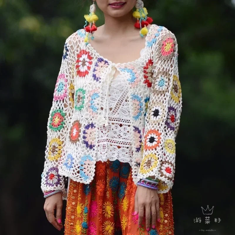 Hollow crochet sweater jacket 2023 spring and autumn fashion women\'s loose ethnic style cardigan jacket casual sweater