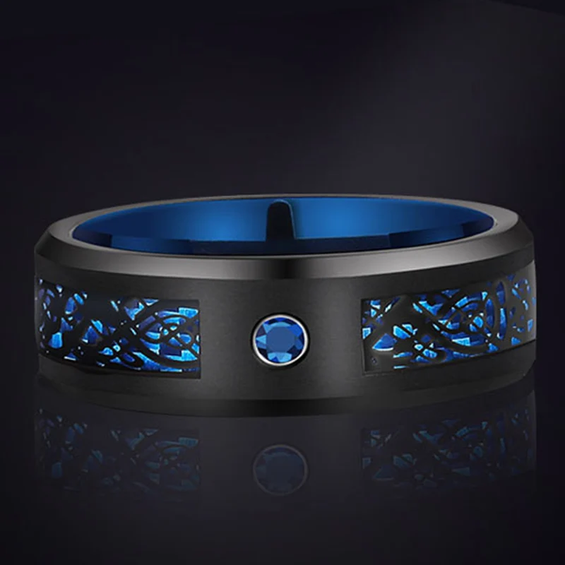 

8mm Tungsten Carbide Ring for Men And Women with Carbon Fiber Blue Zircon Black Dragon Charm Jewelry Anillos Para Hombres