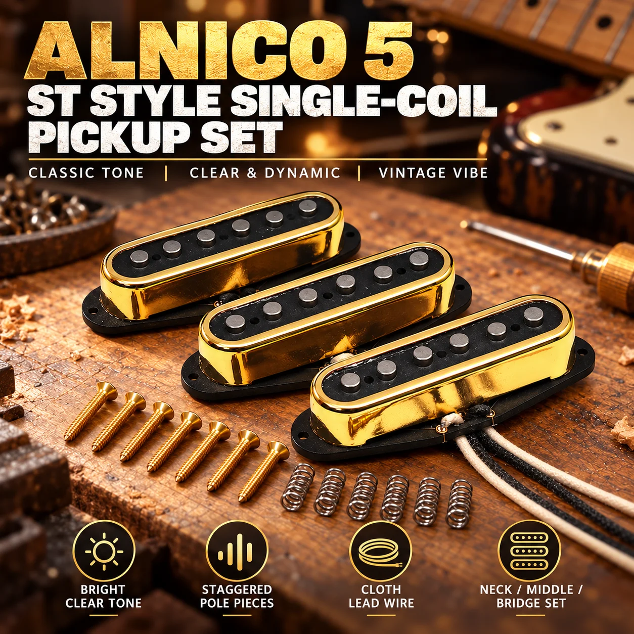 Alnico 5 ST Style Single Coil Pickup Set Neck Middle Bridge Staggered Pole Golden Cover Electric Guitar Replacement Parts