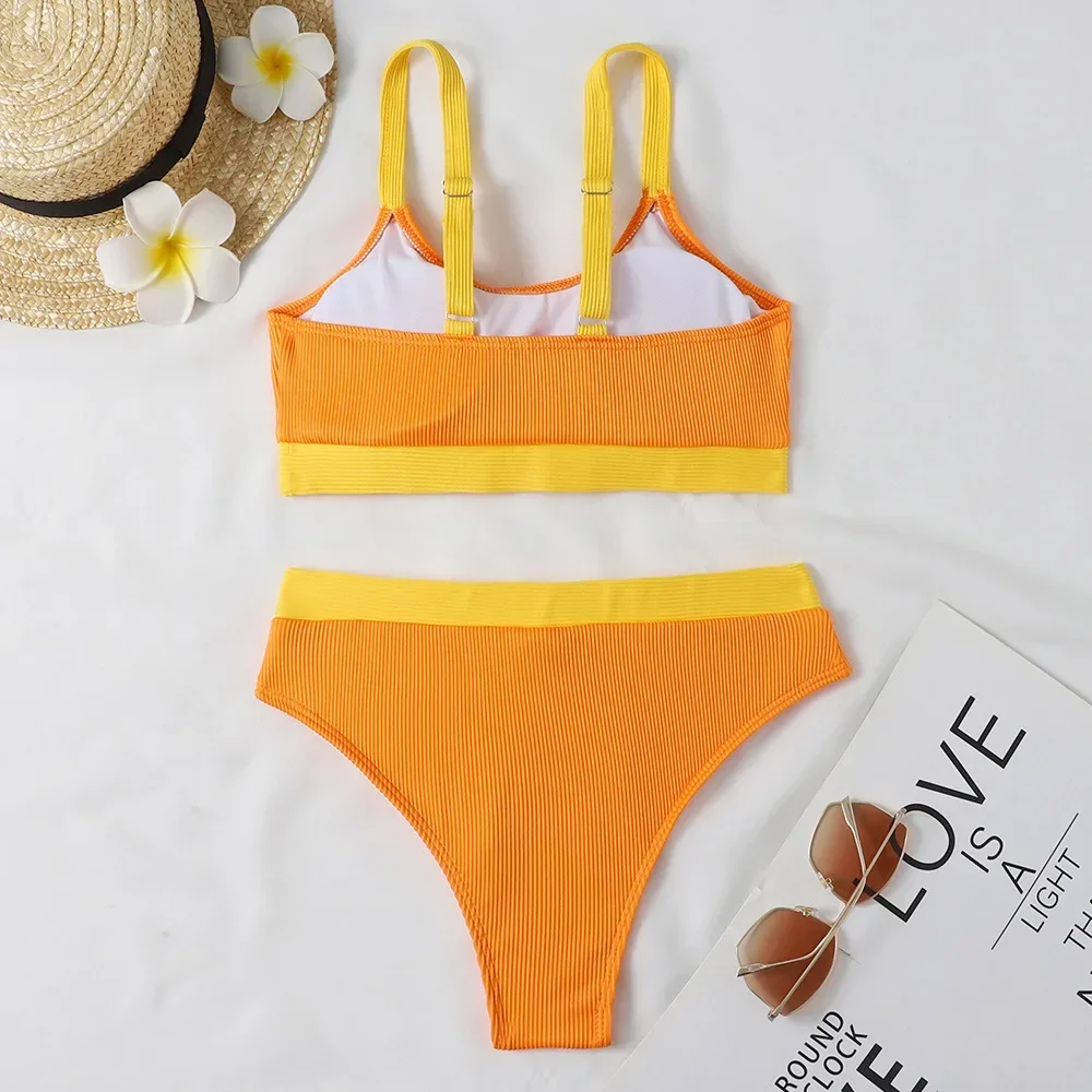 สูงเอวบิกินี่บราซิลเกลียวซี่โครงผู้หญิงชุดว่ายน้ํา Push Up ชุดบิกินี่ U สายคล้องคอชุดว่ายน้ํา Patchwork ชุดว่ายน้ํา Mujer 2025